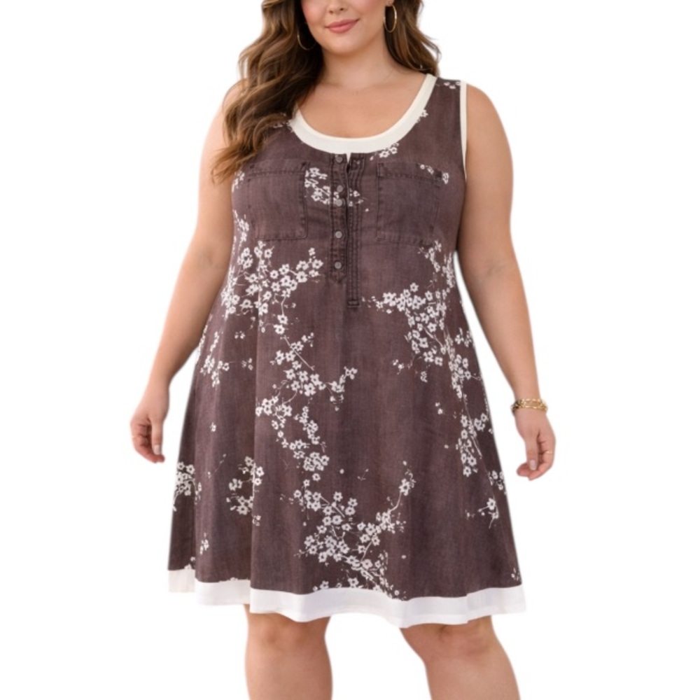 Plus size gray white denim floral print sleeveless stretch shift dress size 5XL